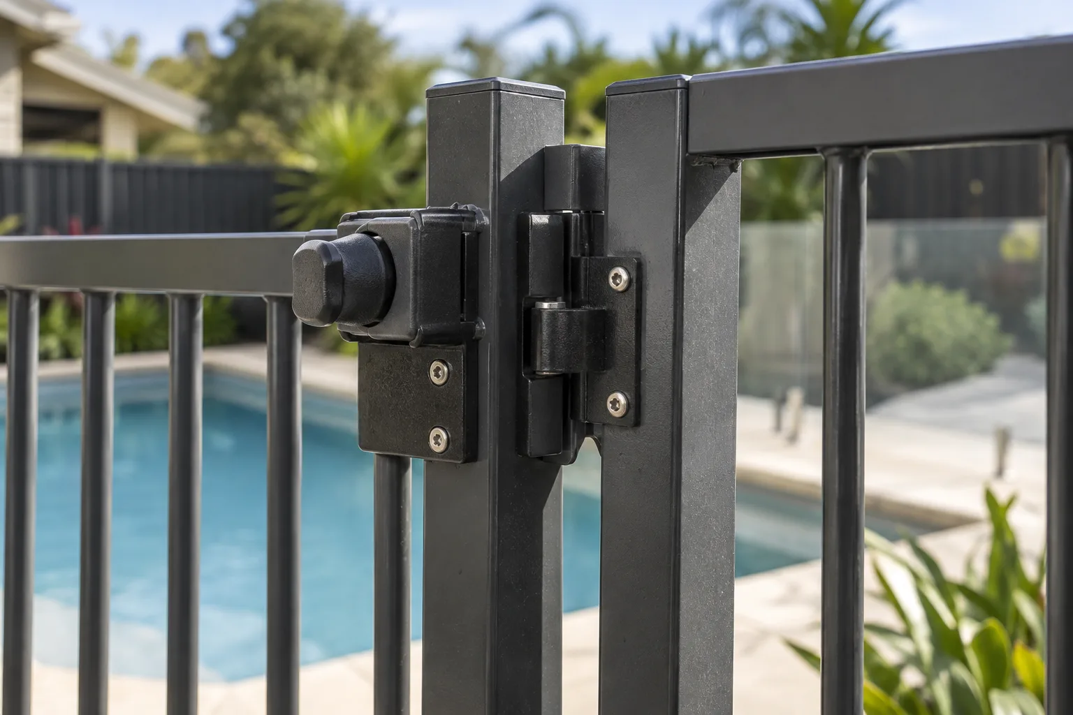 Illustrative close view of a pool barrier gate latch and fence junction