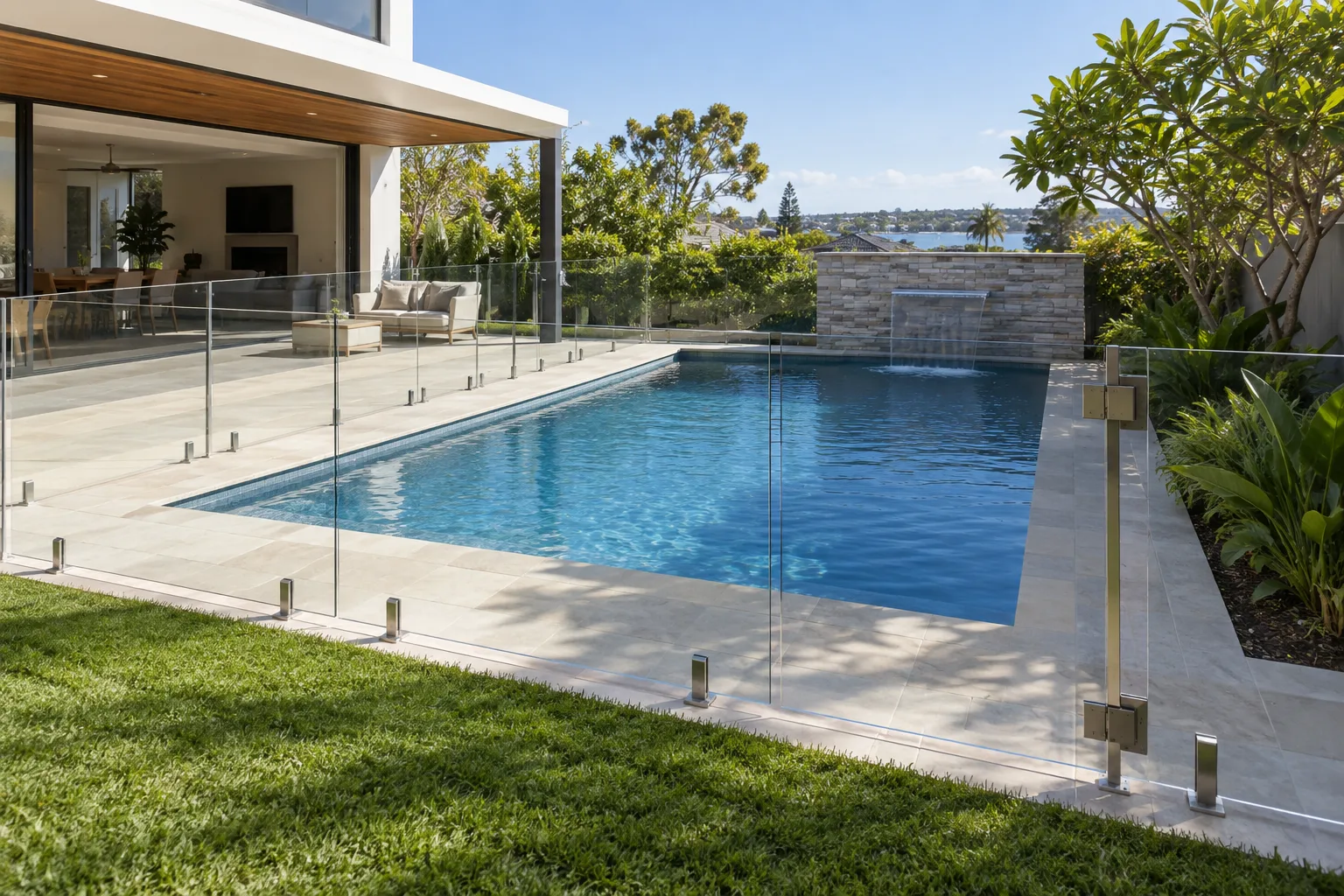 Illustrative architectural view of a pool area with a transparent barrier